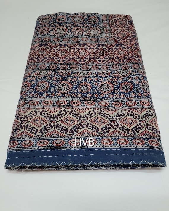 Ajrakh Handblock Print Kantha Quilt: Bohemian Bedspread Blanket