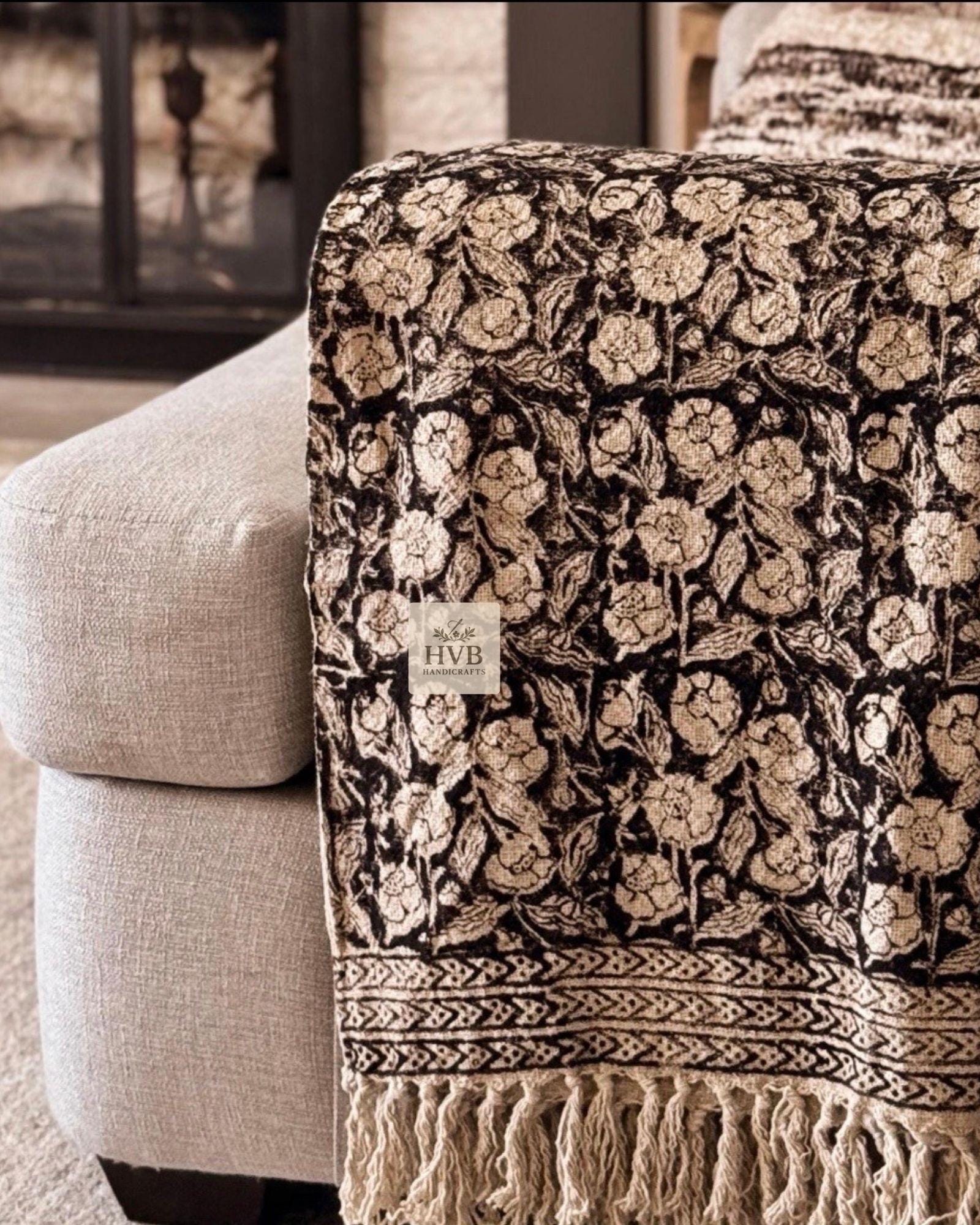 Sofa Decor Room Decor Handmade Throw Handblock print Throw Cotton Throw Blanket Tassels Hand Loomed Gift Hand block print Couch
