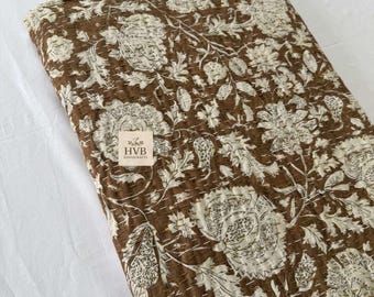Kantha quilt Chocolate Dark Brown Handblock Floral Print Handmade Stitched Hippie Bohemian Blanket Throw Bedspread Decorative Vintage Quilt