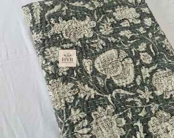 Kantha quilt Dark Grey Handblock Floral Print Handmade Stitched Hippie Bohemian Blanket Throw Bedspread Decorative Vintage Quilt
