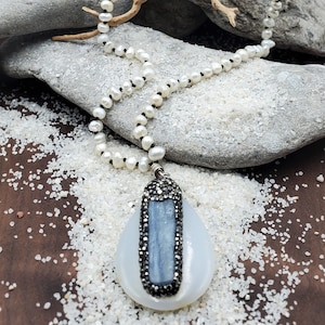Pearl Necklace, Natural Stone Necklace, Long Pearl Necklace, Kyanite, Freshwater Pearl Necklace, Agate Necklace, Pave Crystal Necklace