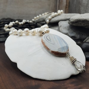 Pearl Necklace, Long Pearl Necklace, Blue Lace Agate Necklace, Natural Stone Necklace, Agate Necklace