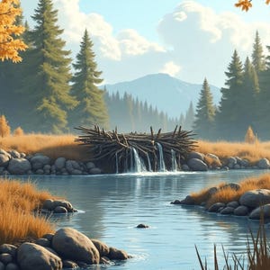 Może przedstawiać: Spokojny obraz krajobrazu przedstawiający scenę rzeczną. Obraz przedstawia drewnianą tamę z kaskadową wodą, otoczoną skałami, wysoką trawą i drzewami iglastymi. Niebo jest niebieskie z puszystymi białymi chmurami, a paleta kolorów jest ciepła.