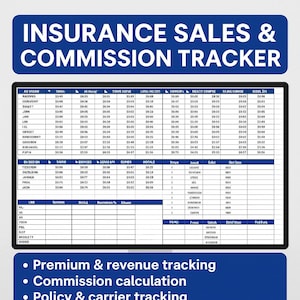 May include: A spreadsheet with a blue header that reads "Insurance Sales & Commission Tracker". The spreadsheet is divided into columns with headings such as "AS VACAN", "TOAN", "AMTOWE ACEVE", "LOTAL PIESE", "COWEIT", "NEADY COMPSE", "SAING CURASE", "OBIEL ZX". The spreadsheet contains numerical data in each column.