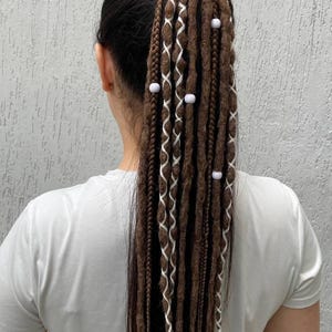 Boho Braided Ponytail Extension – Brown and White Elfcore Festival Hair with Beads & Feather, 11 Handmade Braids – Viking Cosplay Hairpiece