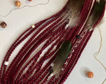 Burgundy Braided Ponytail Extension: Boho Dreadlock Hairpiece with Feathers & Beads