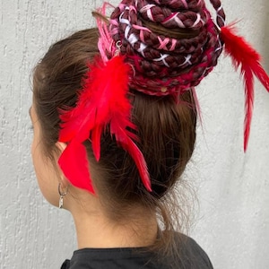 Boho Red Braided Hair Bun Extension with Feathers – Tribal Festival Dreadlock Hairpiece, Viking Cosplay Hair Wrap, Synthetic Braid Ponytail
