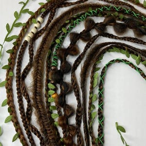 Forest Elf Braided Hair Extension – Boho Dreadlock Ponytail with Green Leaves & Beads – Cosplay Tribal Viking Festival Hairpiece