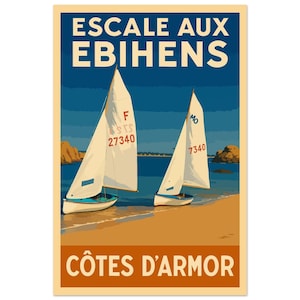 Cartaz vintage Parada em Ebihens – Côtes-d’Armor, Bretanha | Pôster retrô de praia | Ilustração de veleiros na praia