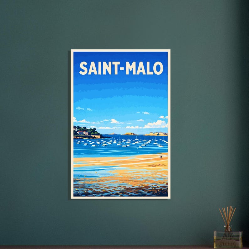 Affiche Saint-Malo, plage et voiliers, vue 2