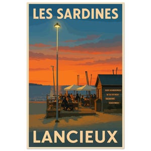 Cartaz vintage Sardinhas na praia – Lancieux | Pôr do sol no terraço | Pôster retrô da Bretanha