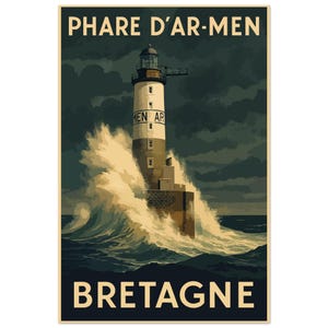 Póster vintage del faro de Ar-Men: póster retro de la tormenta oceánica de Bretaña