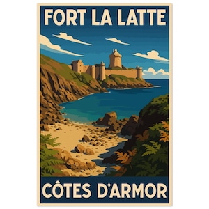 Cartel vintage Fort La Latte – Côtes-d’Armor, ilustración retro Bretaña