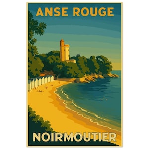 Manifesto vintage di Noirmoutier – Anse Rouge | Manifesto retrò di mare | Illustrazione di cabine sulla spiaggia e castello