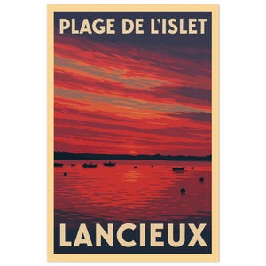 Póster vintage de la playa de Islet – Póster del atardecer en Lancieux – Ilustración retro de Bretaña