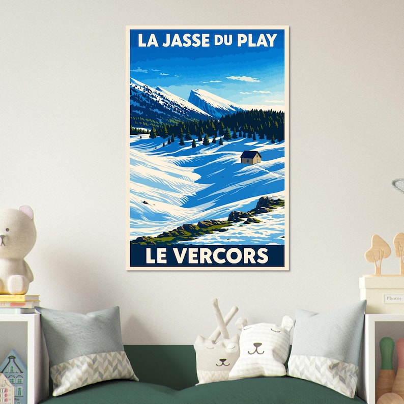 Affiche vintage Chalet sous la neige dans le Vercors