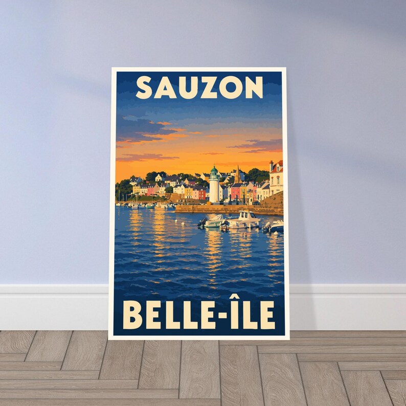 Affiche vintage Sauzon, le port et son phare