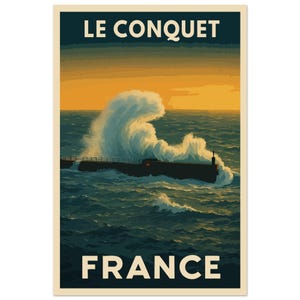 Póster vintage de Le Conquet – Póster de tormenta oceánica en Bretaña – Ilustración de decoración de pared costera – Arte mural retro francés