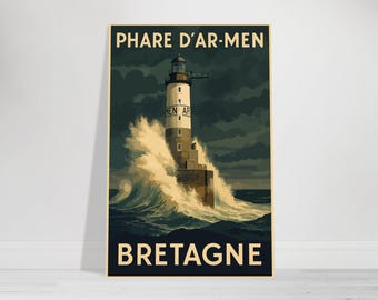 Original poster | Ar-Men Lighthouse | Retro-style poster of Brittany ocean storm
