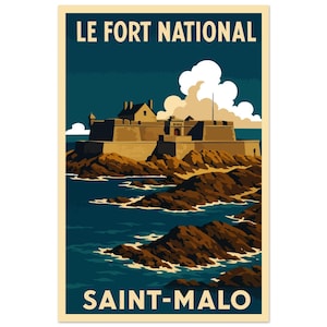 Cartaz vintage Saint-Malo – Forte Nacional | Cartaz decorativo de praia | Ilustração de parede da Bretanha