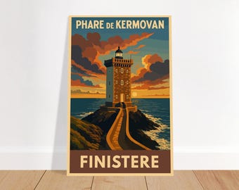 Vintage poster of the Kermovan Lighthouse – Brittany poster, Finistère – Illustration from France