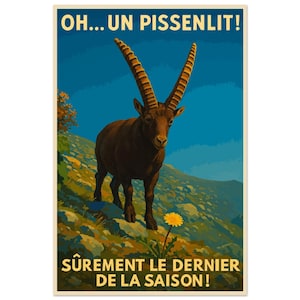 Divertente poster di montagna: stambecco e dente di leone | Divertente poster sulla natura | Arredamento da chalet o da escursionista