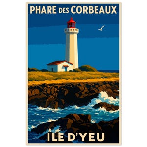 Póster vintage del faro de Corbeaux, isla de Yeu