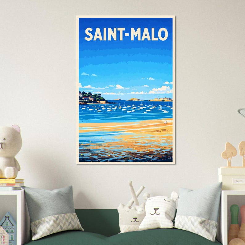 Affiche Saint-Malo, plage et voiliers, vue 3