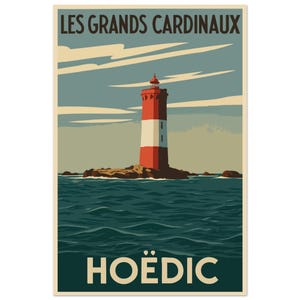 Poster del faro di Grands Cardinaux – Hoëdic | Poster vintage della Bretagna | Decorazione da parete con tema marino | Illustrazione in stile retrò