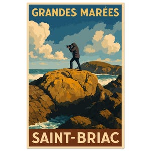 Cartel vintage de Saint-Briac | Ilustración de playa | Tormenta en Bretaña | Arte poético de la costa