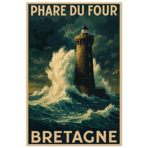 Pôster vintage Phare du Four – Pôster de tempestade no mar em estilo retrô na Bretanha