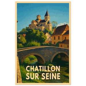 Poster vintage Châtillon-sur-Seine – Poster decorativo retrò bordeaux | Poster murale con paesaggio di un villaggio francese - Carta opaca di alta qualità