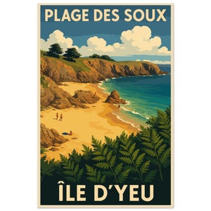 Playa Soux: Póster vintage de la isla de Yeu, decoración costera.