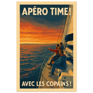 Pôster Vintage Apéro Time – Ilustração de um veleiro ao pôr do sol – Pôster retrô com amigos no mar
