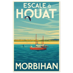 Manifesto vintage "Sosta a Houat - Morbihan" | Manifesto retrò sul mare | Illustrazione di una barca a vela della Bretagna | Decorazione murale in stile oceanico