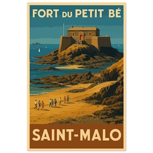 Pôster Saint-Malo – Forte du Petit Bé | Pôster vintage de praia | Ilustração Bretanha