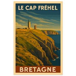 Pôster Boné Fréhel – Bretanha | Pôster vintage de farol e penhasco | Ilustração decorativa costeira