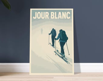 Vintage ski touring poster | The Alps | Retro mountain poster | Winter snow illustration | Chalet decor