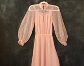1970 39 s Pink Lace Puffed Sleeves Maxi Dress High Neck Victorian Inspired Long Boho Bohemian Hippy Hippie Bridal Formal Cocktail Ladies S M