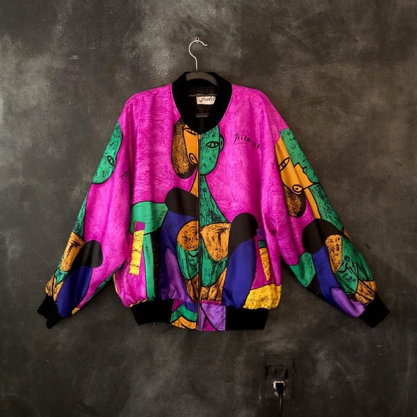 1980's 90's Picasso Scarf Print Bomber Jacket Wearable Art Streetwear Silky Avant Garde Print Magenta Pink Jacket L