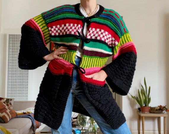 1980's 90's Rare Yamamoto Kansai Black Rainbow Chunky Wool Knit Kimono Cardigan Sweater Jacket Duster Japanese Designer High Fashion M/L