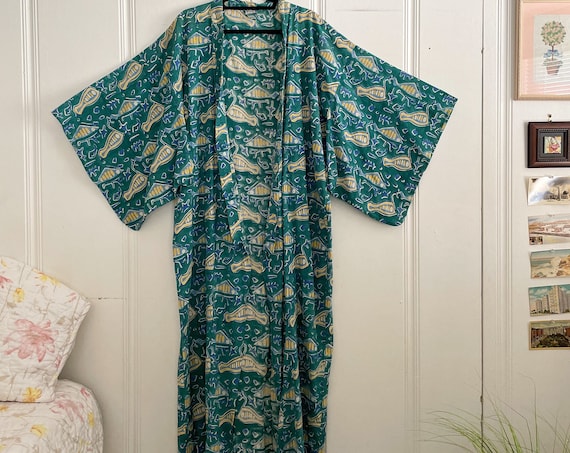 1980's Indian Cotton Kimono Robe Abstract Sea Print Aquatic Teal Boho Bohemian Loungewear Free Size