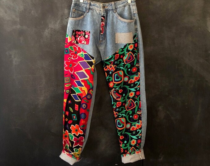 1980's 90's Mom Patched up Patchwork Jeans Denim High Waisted Light ...