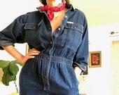 80s Dark Denim Jean Jumper Romper Coveralls Suit Cinched Waist Flight Boiler Suit Onesies Oversized by Ideas Ladies by Dreams OSFM