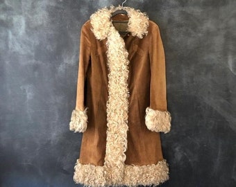 Stunning 1960/'s Brown Curly Lamb Coat with Fur Trim
