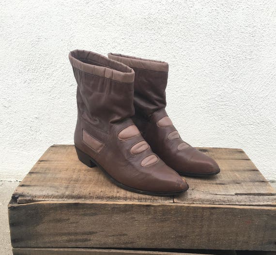 80s Ankle Booties Boots Brown Mauve Leather Slouch