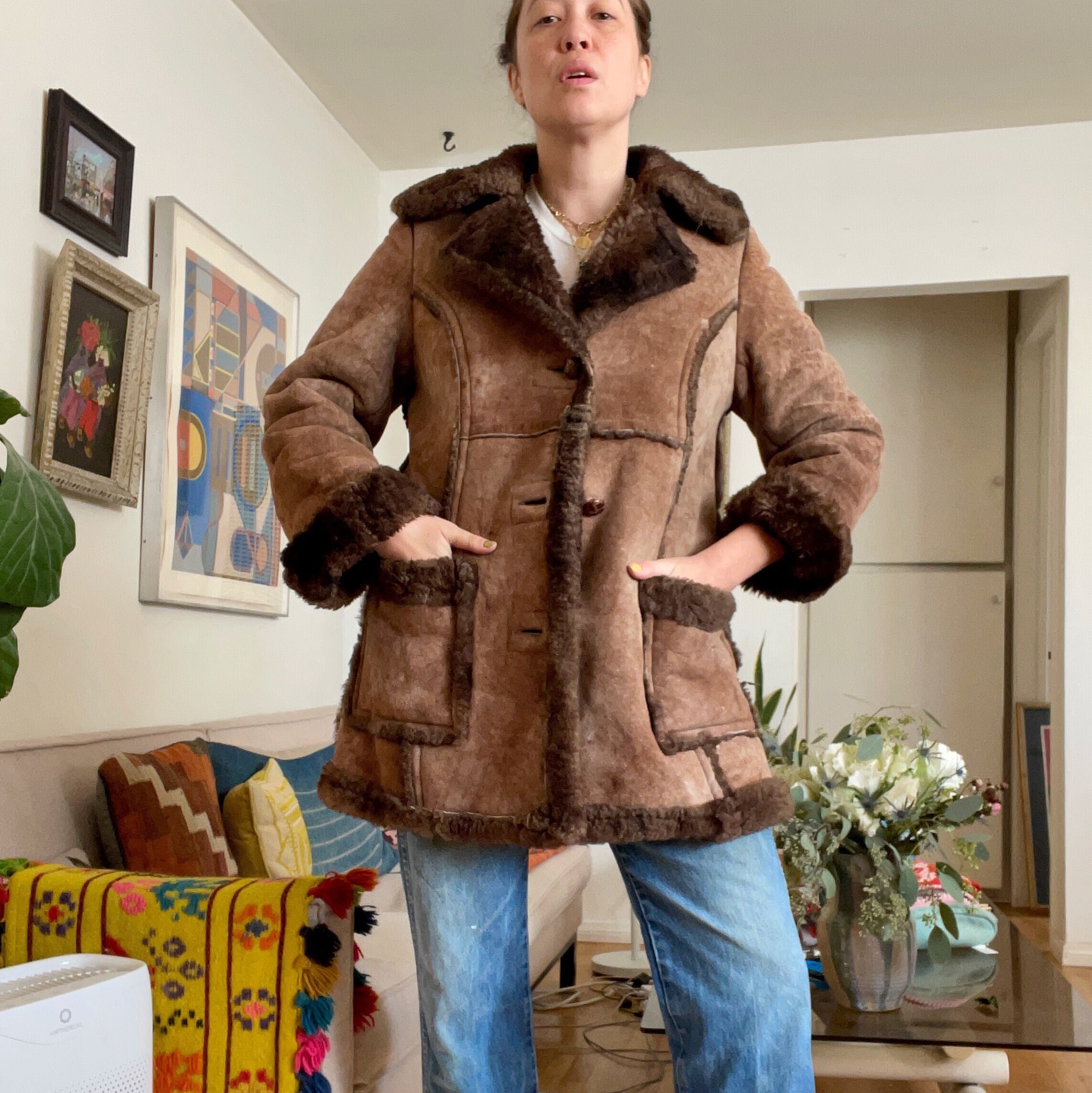1970's 80's Shearling Lambskin Brown Thick Fur Winter Jacket Boho Bohemian Western Hippy Hippie Southwestern Ladies M/L Mens S/M