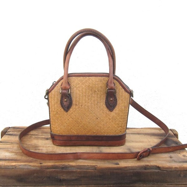 Vintage Woven Rafia Distressed Brown Leather Small Speedy Style Purse w/Strap