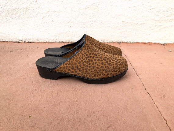 1990's Leopard Giraffe Print Suede Wooden Clogs Sl