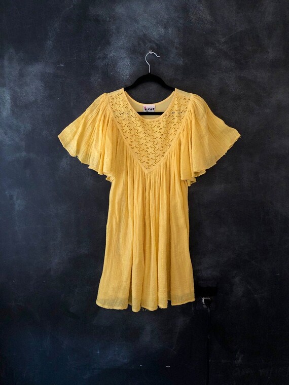70's 80's Bright Yellow Cotton Gauze Mini Greek Dr